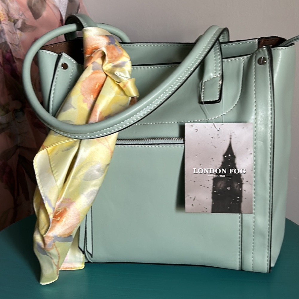 New London Fog Vegan Leather Shopper Tote with Floral Scarf Purse Fob - Picture 15 of 15